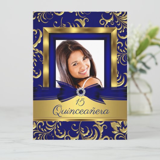 Quinceanera 15e marineblauwgoudfoto kaart (Staand voorkant)