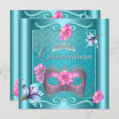 Quinceanera 15e Masker Blauwgroen Blauw Roze Zilve Kaart (Voorkant / Achterkant)