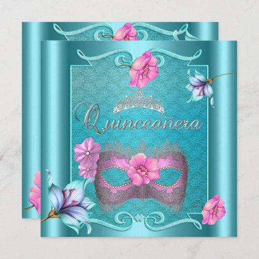 Quinceanera 15e Masker Blauwgroen Blauw Roze Zilve Kaart (Voorkant / Achterkant)
