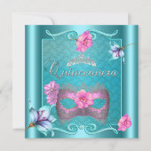 Quinceanera 15e Masker Blauwgroen Blauw Roze Zilve Kaart (Voorkant)