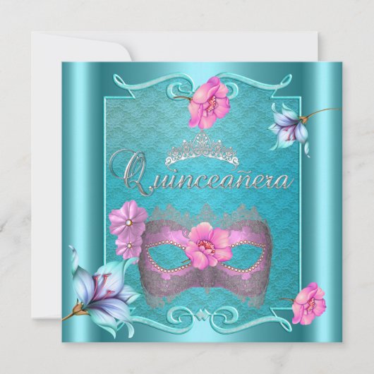 Quinceanera 15e Masker Blauwgroen Blauw Roze Zilve Kaart (Voorkant)