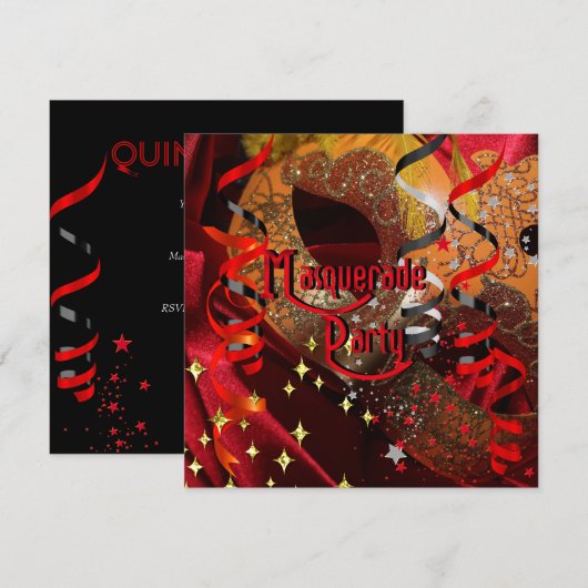 Quinceanera 15e Masquerade Party Rood Zwart Masker Kaart (Voorkant / Achterkant)