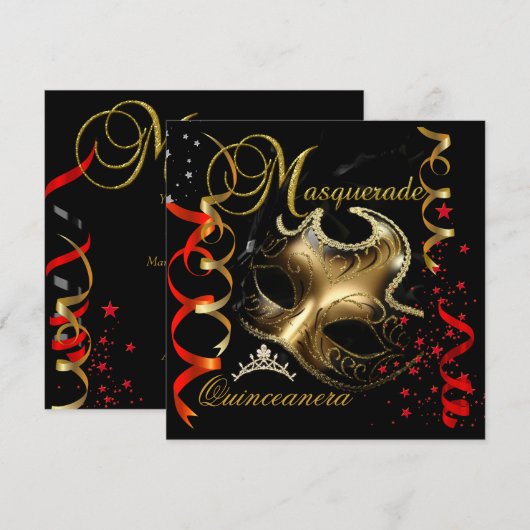 Quinceanera 15e Masquerade Rood Goud Masker Kaart (Voorkant / Achterkant)