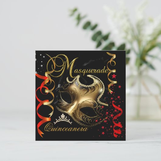 Quinceanera 15e Masquerade Rood Goud Masker Kaart (Staand voorkant)