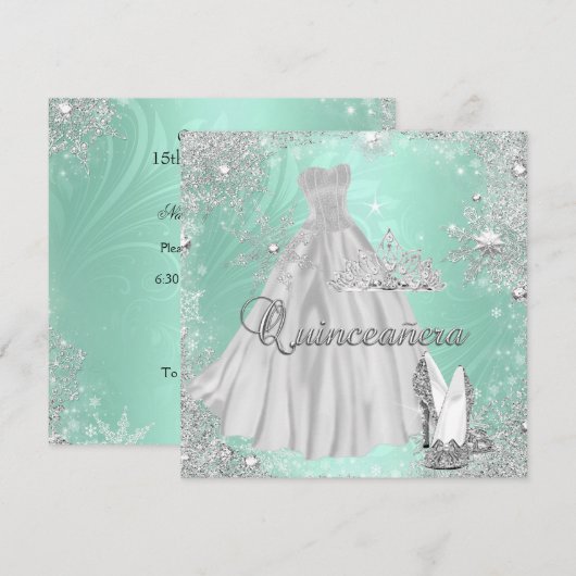 Quinceanera 15e Mint Silver Birthday Party Kaart (Voorkant / Achterkant)