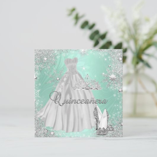 Quinceanera 15e Mint Silver Birthday Party Kaart (Staand voorkant)