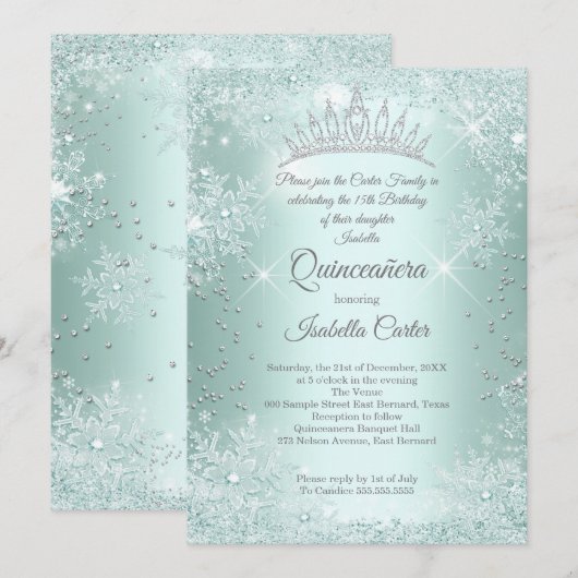 Quinceanera 15e Munt Blauwgroen Snowflake Winter Kaart (Voorkant / Achterkant)