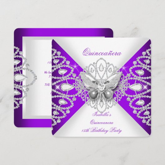 Quinceanera 15e Paarse Butterfly Tiara Party Kaart (Voorkant / Achterkant)