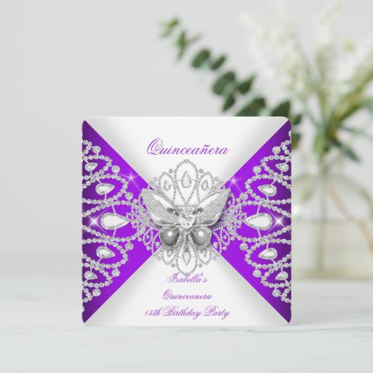 Quinceanera 15e Paarse Butterfly Tiara Party Kaart (Staand voorkant)