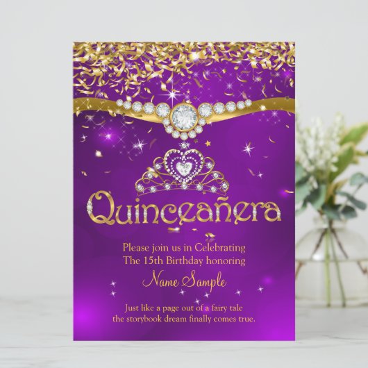 Quinceanera 15e Paarse Confetti Gold Kaart (Staand voorkant)
