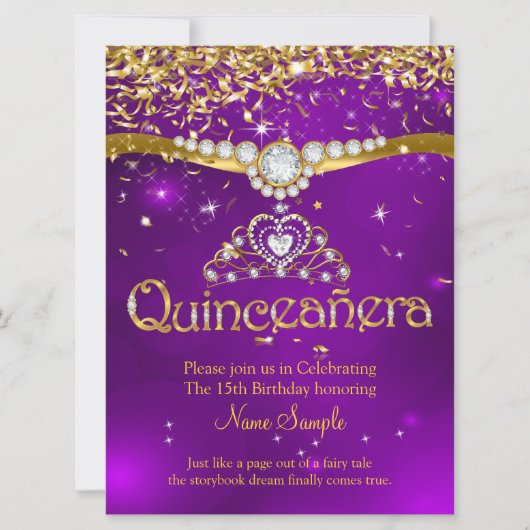 Quinceanera 15e Paarse Confetti Gold Kaart (Voorkant)
