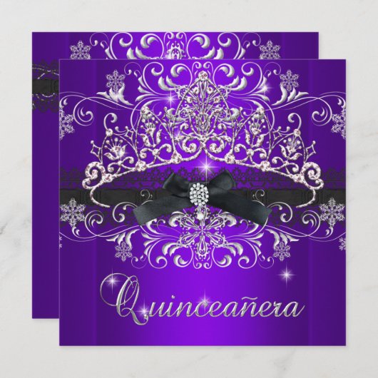 Quinceanera 15e Paarse Glitter Tiara Black Bow Kaart (Voorkant / Achterkant)