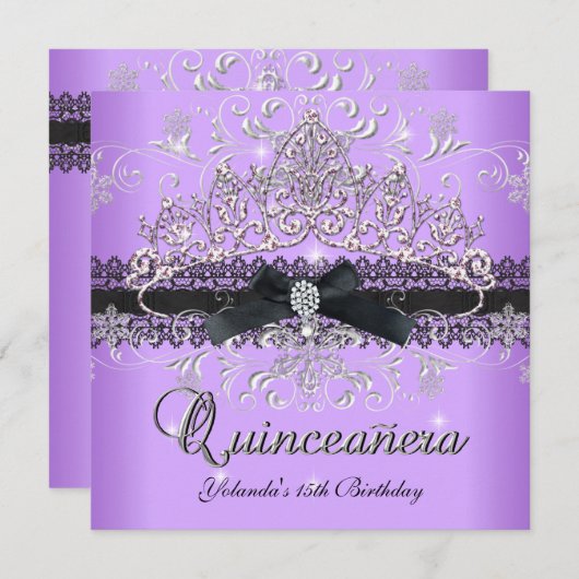 Quinceanera 15e Paarse Glitter Tiara Black Bow Kaart (Voorkant / Achterkant)