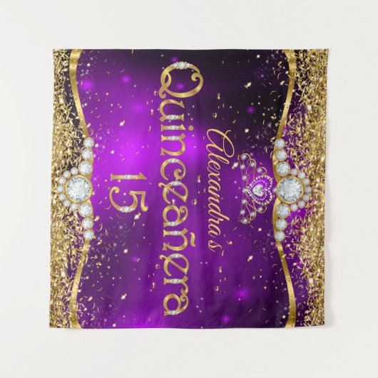 Quinceanera 15e Paarse goudConfetti Wandkleed (Voorkant (horizontaal))