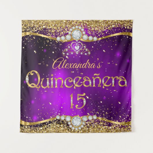 Quinceanera 15e Paarse goudConfetti Wandkleed (Voorkant)
