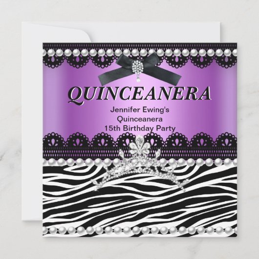 Quinceanera 15e Paarse roze zwarte Zebra Tiara Kaart (Voorkant)