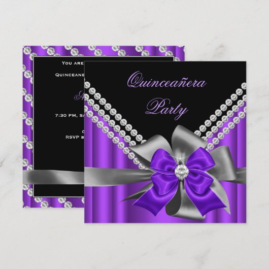 Quinceanera 15e Paarse Silver Grey Bow Diamonds Kaart (Voorkant / Achterkant)