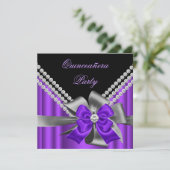 Quinceanera 15e Paarse Silver Grey Bow Diamonds Kaart (Staand voorkant)
