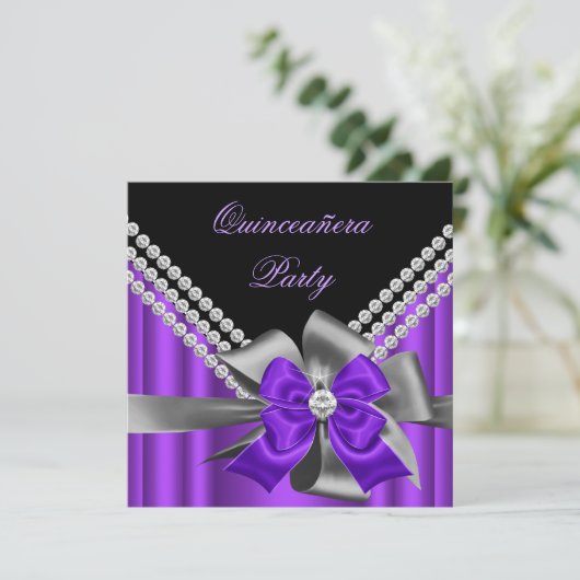Quinceanera 15e Paarse Silver Grey Bow Diamonds Kaart (Staand voorkant)