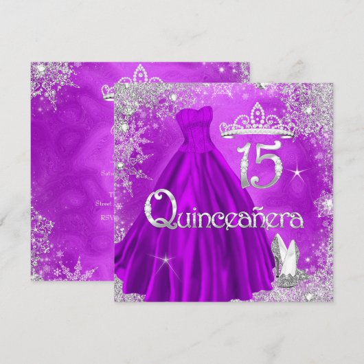 Quinceanera 15e Paarse Silver Snowflakes Party 2 Kaart (Voorkant / Achterkant)