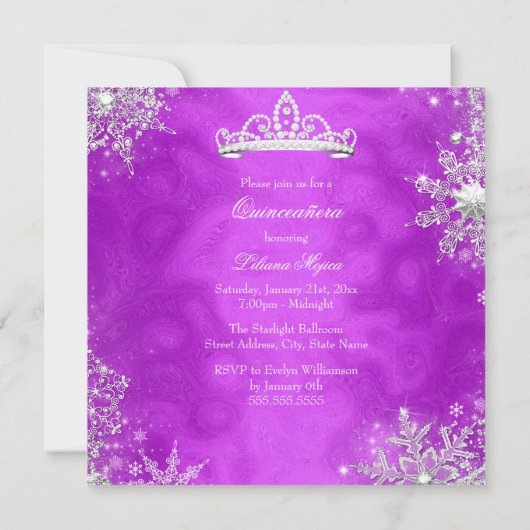 Quinceanera 15e Paarse Silver Snowflakes Party 2 Kaart (Achterkant)