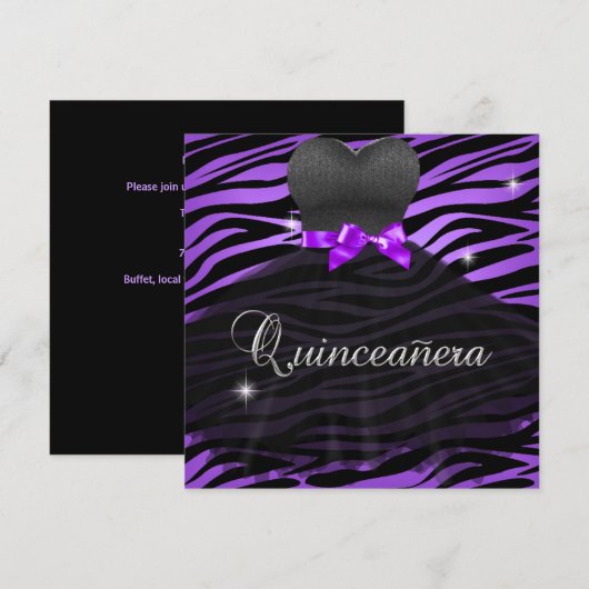 Quinceanera 15e Paarse zwarte Zebra jurk Kaart (Voorkant / Achterkant)