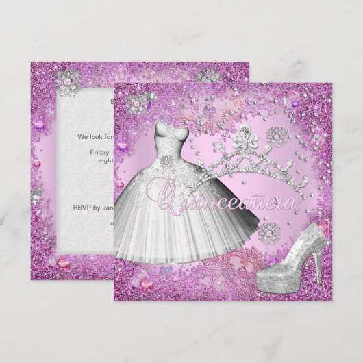 Quinceanera 15e Partij Roze Tiara Dress Shoe Kaart (Voorkant / Achterkant)