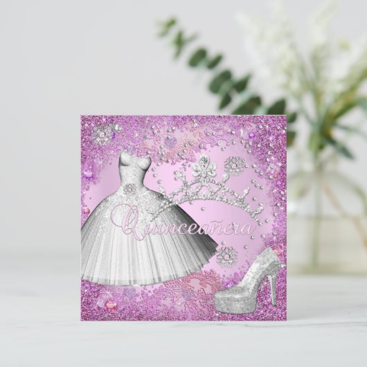 Quinceanera 15e Partij Roze Tiara Dress Shoe Kaart (Staand voorkant)