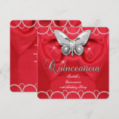 Quinceanera 15e Red Butterfly Pearl Party Kaart (Voorkant / Achterkant)