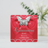 Quinceanera 15e Red Butterfly Pearl Party Kaart (Staand voorkant)