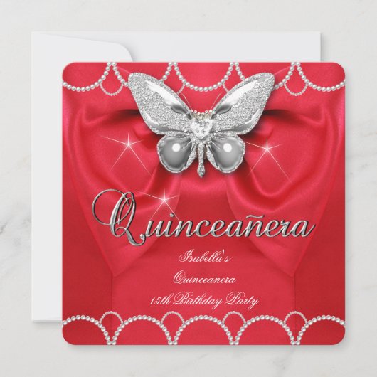 Quinceanera 15e Red Butterfly Pearl Party Kaart (Voorkant)