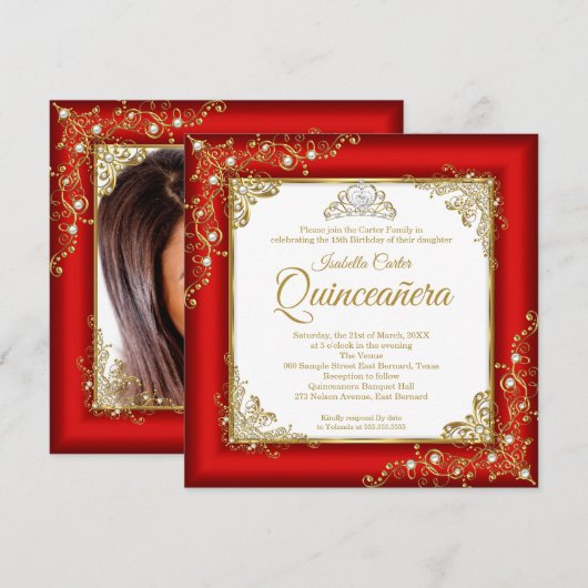 Quinceanera 15e Red Gold White Pearl Tiara Foto Kaart (Voorkant / Achterkant)