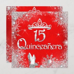 Quinceanera 15e Red Silver Snowflakes Party 2 Kaart