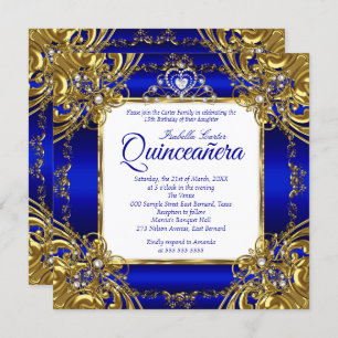 Quinceanera 15e Royal Blue Gold Pearl Tiara Kaart