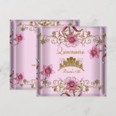Quinceanera 15e roze bloemen Gold Tiara Kaart (Voorkant / Achterkant)