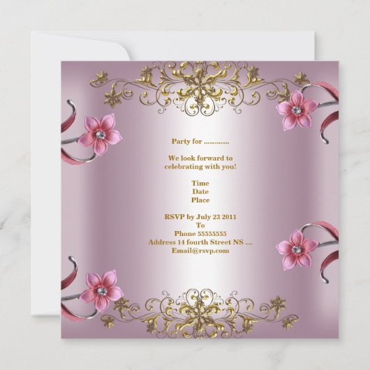 Quinceanera 15e roze bloemen Gold Tiara Kaart (Achterkant)