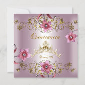 Quinceanera 15e roze bloemen Gold Tiara Kaart (Voorkant)