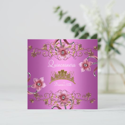 Quinceanera 15e roze bloemen Gold Tiara Kaart (Staand voorkant)