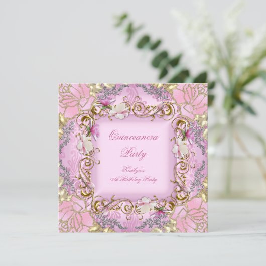 Quinceanera 15e Roze Damask Gold Floral Kaart (Staand voorkant)