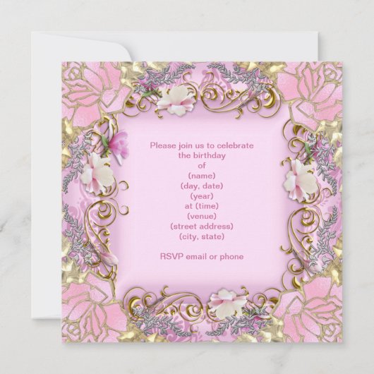 Quinceanera 15e  Roze Damask Gold Floral Kaart (Achterkant)