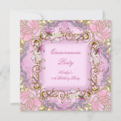 Quinceanera 15e  Roze Damask Gold Floral Kaart (Voorkant)