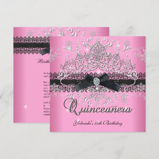 Quinceanera 15e roze gelul Tiara Black Bow Kaart (Voorkant / Achterkant)