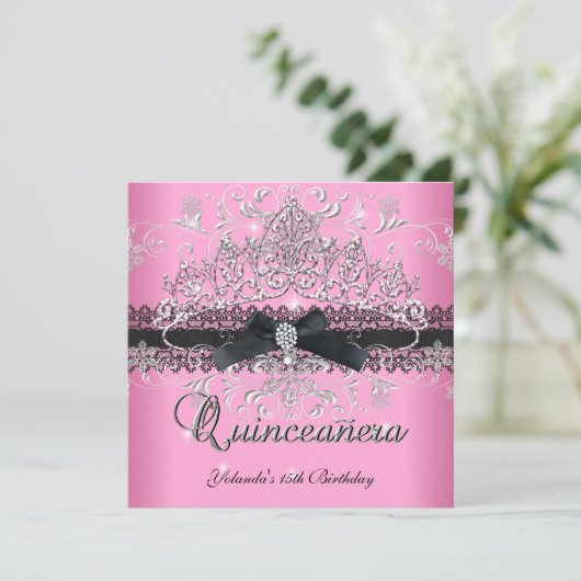 Quinceanera 15e roze gelul Tiara Black Bow Kaart (Staand voorkant)