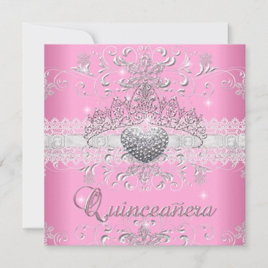 Quinceanera 15e roze glitter Tiara Lace Heart Kaart (Voorkant)