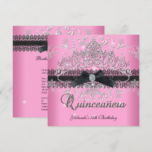 Quinceanera 15e Roze Glitter Tiara Zwarte Strik Kaart