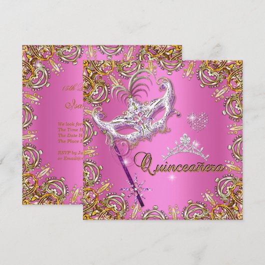 Quinceanera 15e roze Masquerade Party Gold Kaart (Voorkant / Achterkant)
