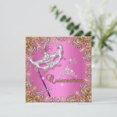 Quinceanera 15e roze Masquerade Party Gold Kaart (Staand voorkant)