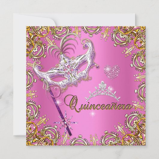 Quinceanera 15e roze Masquerade Party Gold Kaart (Voorkant)