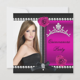 Quinceanera 15e Roze Roos Zwart Foto Kaart
