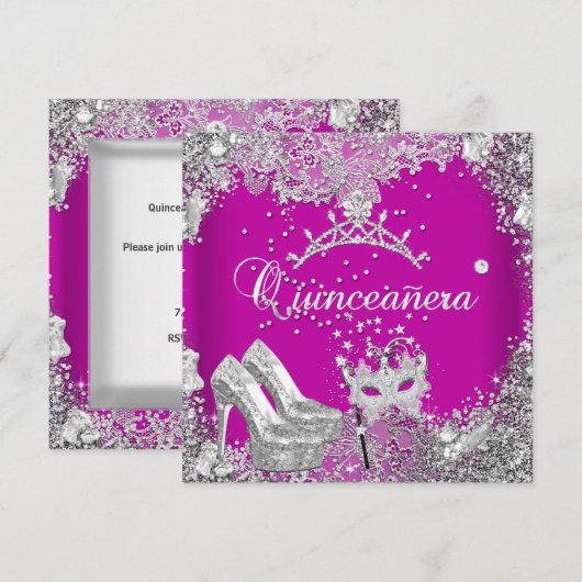 Quinceanera 15e roze roze Silver Masker Tiara Kaart (Voorkant / Achterkant)